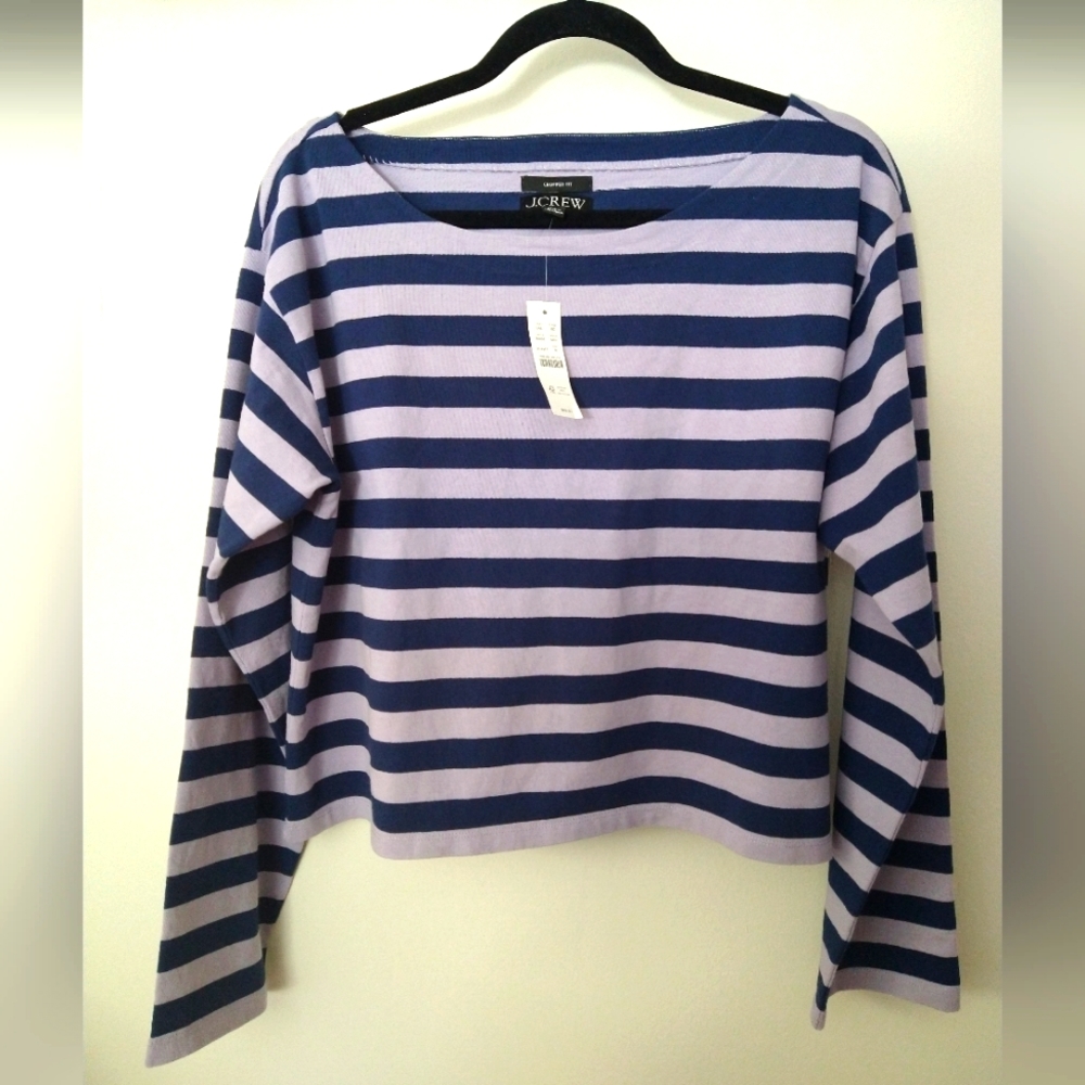 NWT J.crew striped medium cropped T-shirt boatneck lavender navy